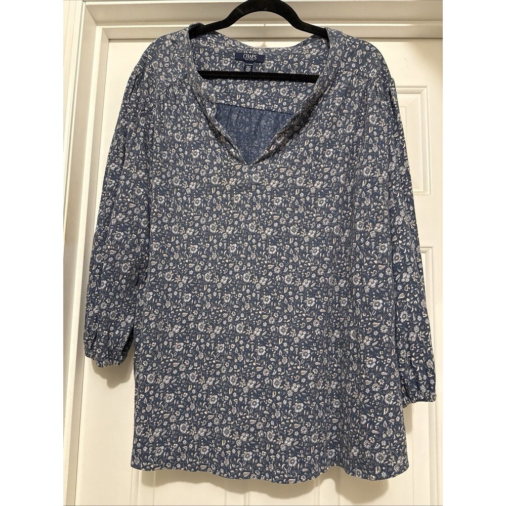 Chaps Womens Blue Floral Top 3/4 Sleeve 2X Boho Peasant Classic Preppy